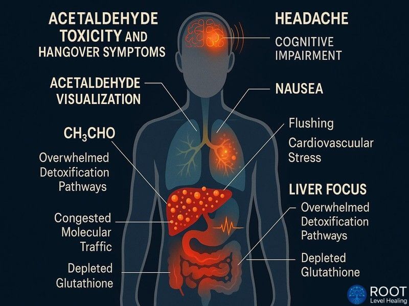 Infographic showing how acetaldehyde buildup causes hangover symptoms like headaches, nausea, and flushing