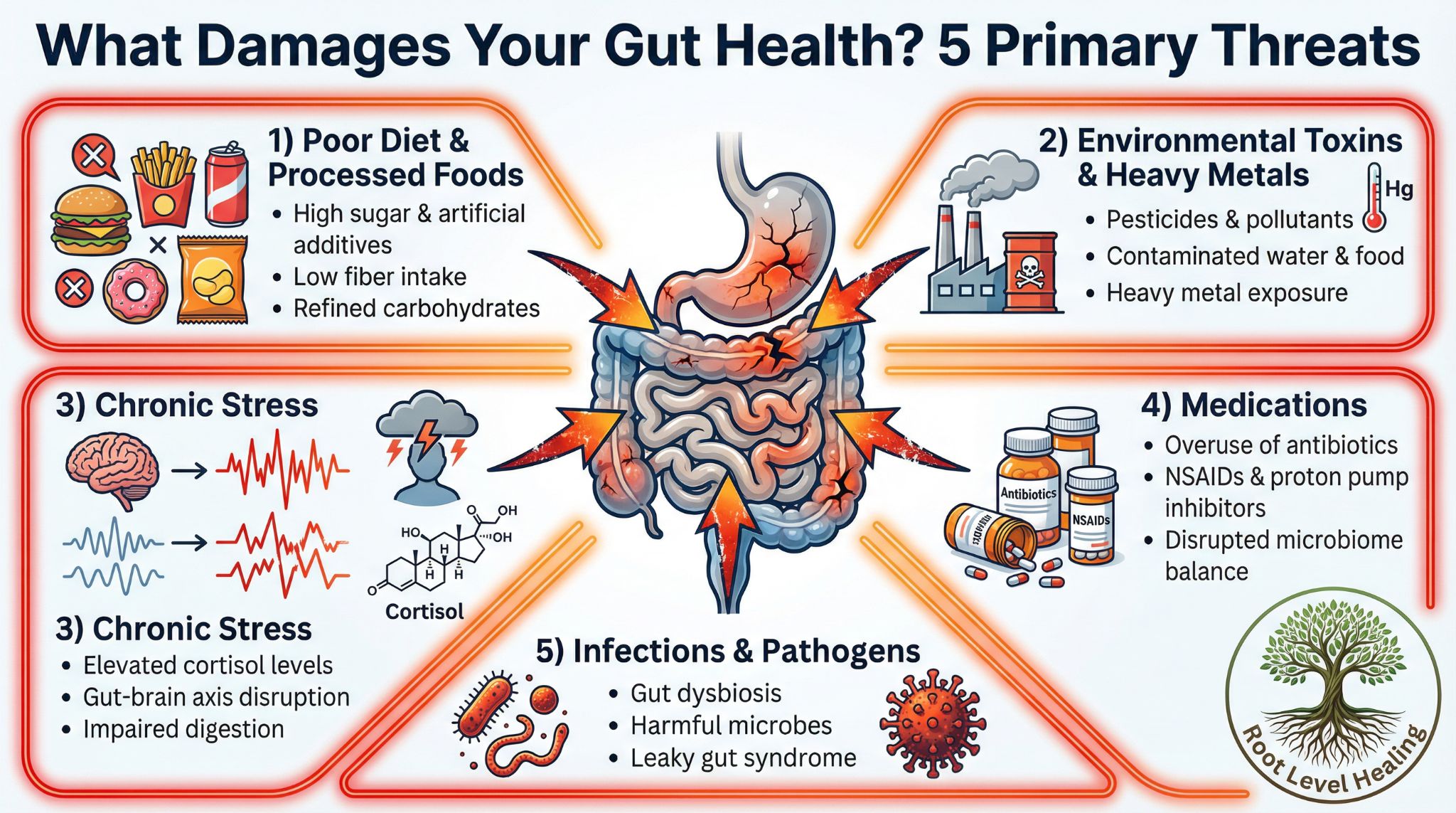 Five primary threats that damage gut health including poor diet, environmental toxins, chronic stress, medications, and infections