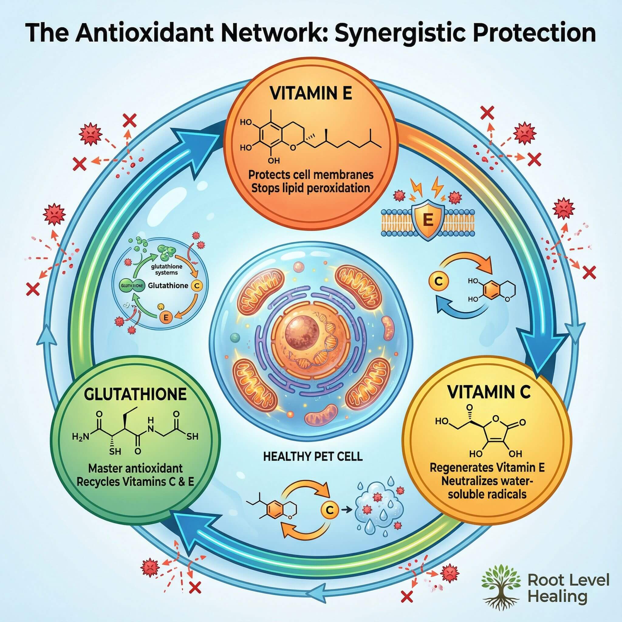 Infographic of the antioxidant network, showing how Vitamins C, E, and Glutathione work together to protect pet cells.