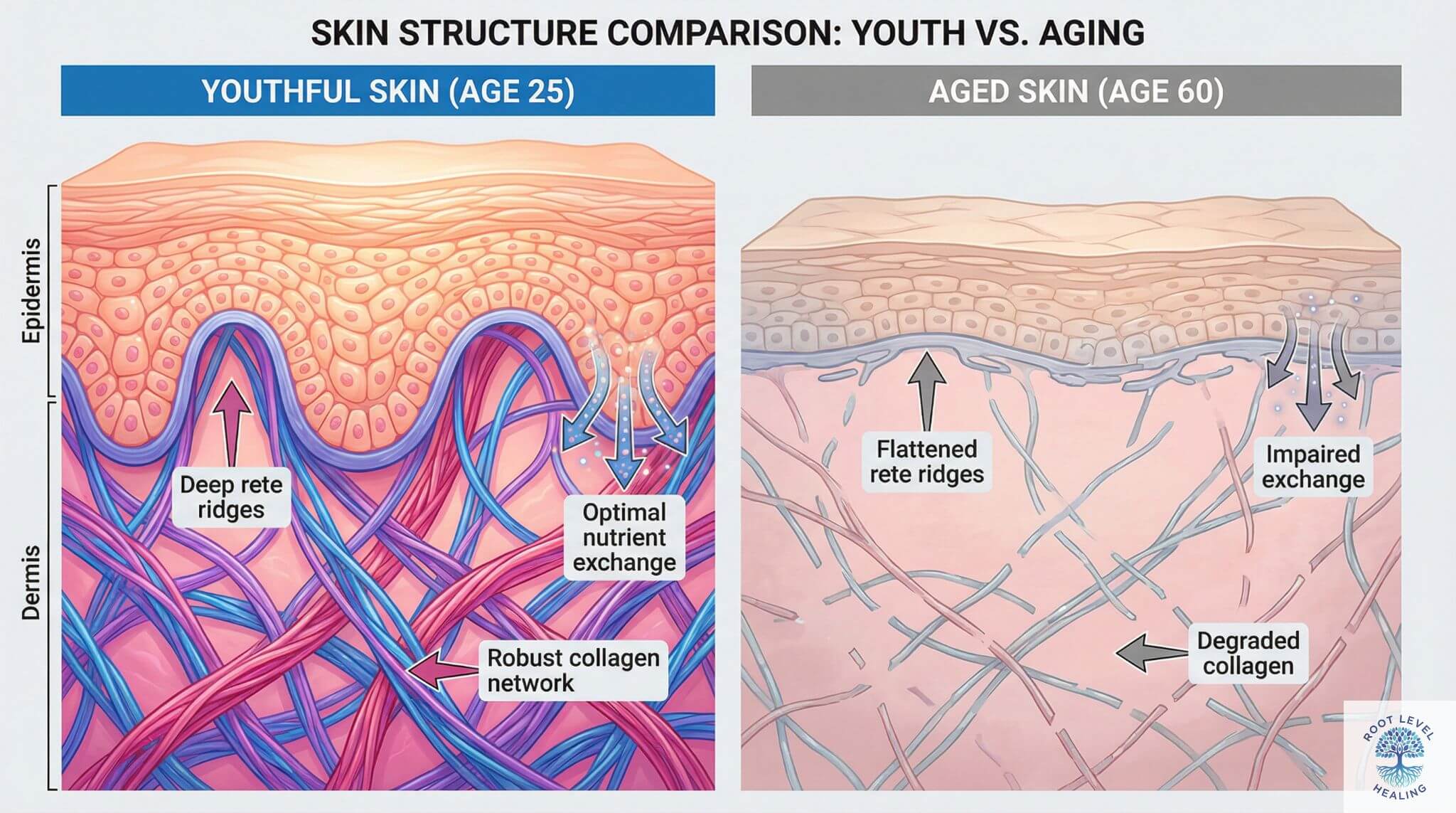 Before and after comparison showing basement membrane aging and rete ridge flattening in youthful versus aged skin at the dermal epidermal junction.