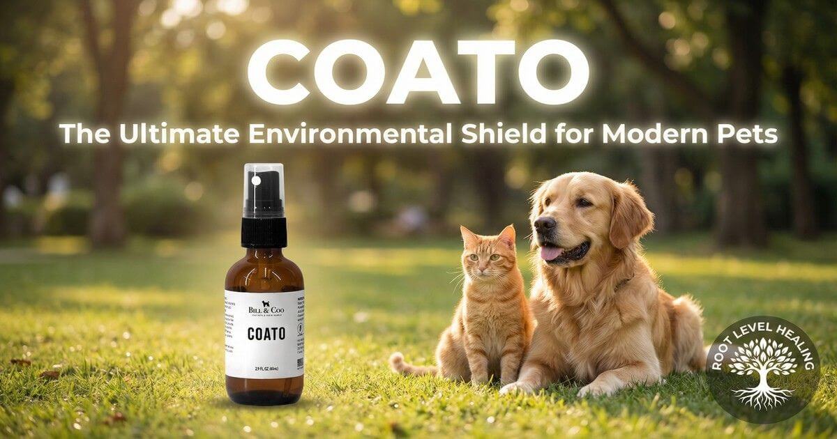 Coato environmental protective spray for pets with golden retriever and orange tabby cat in outdoor park setting, showing the ultimate environmental shield against EMF, 5G, heavy metals, and pollutants for modern dogs and cats.