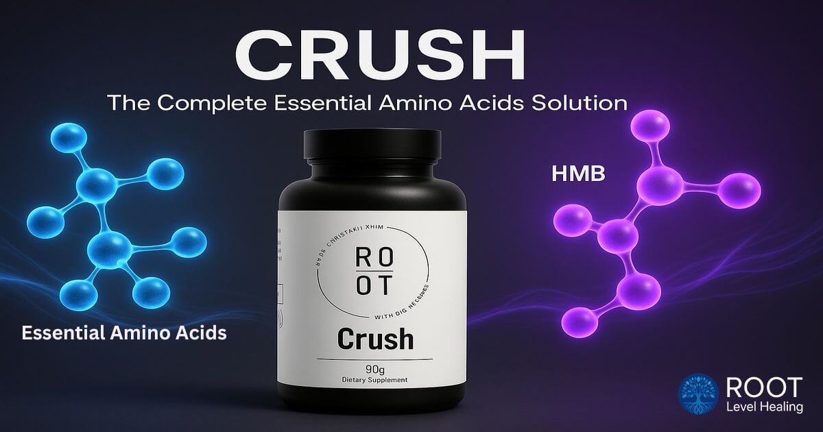 A dynamic product shot of the CRUSH EAA+HMB supplement bottle, surrounded by glowing molecular structures of amino acids and HMB.