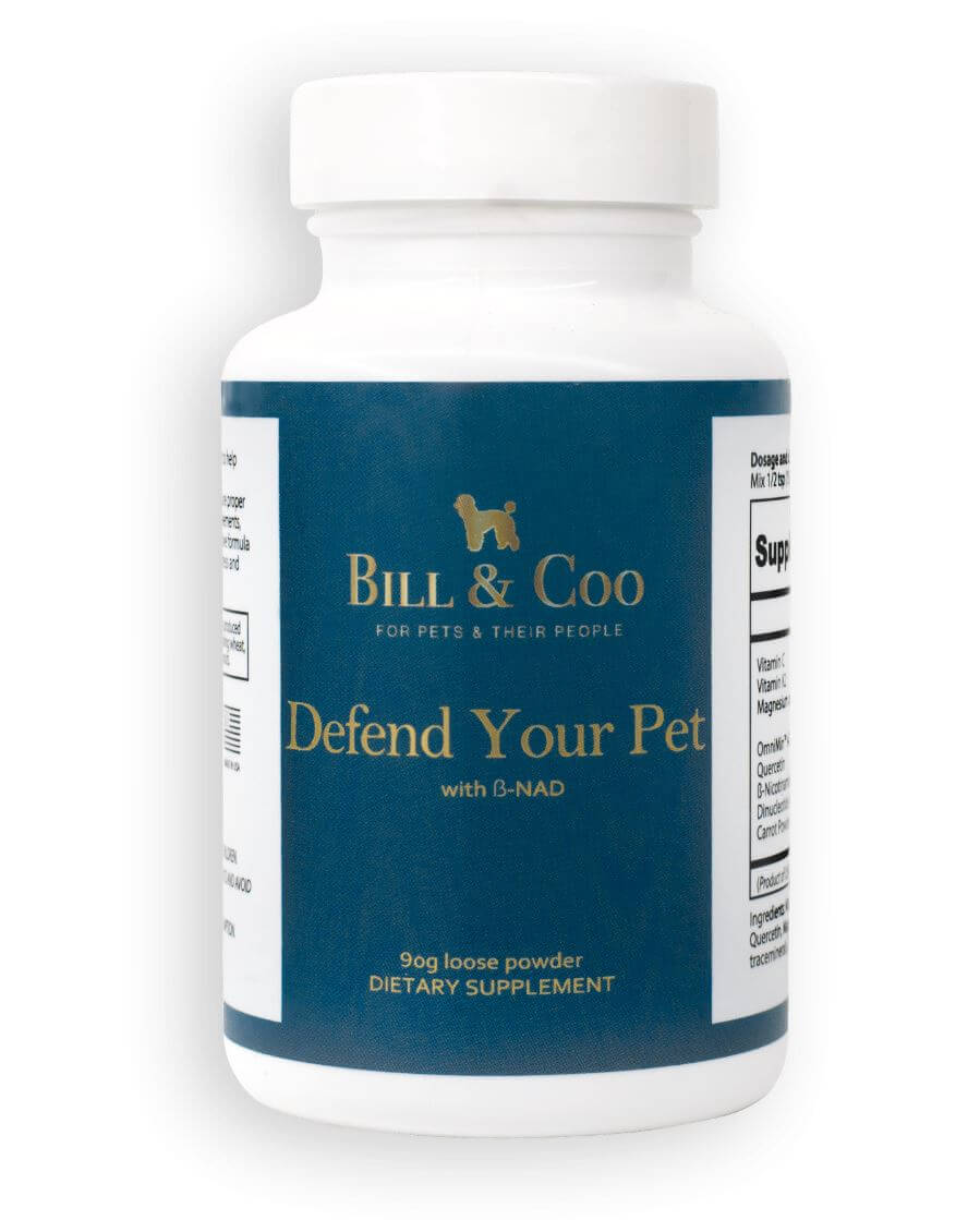 Defend Your Pet supplement bottle showing 90g loose powder dietary supplement with Bill & Coo branding, formulated with beta-NAD, trace minerals, vitamins, and quercetin by Dr. Christina Rahm for cellular health and longevity in pets