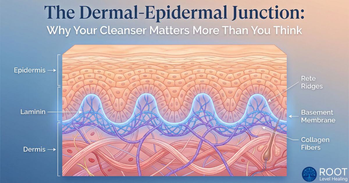 A detailed diagram of the dermal-epidermal junction, showing the layers of the epidermis and dermis and the intricate network of proteins that form the basement membrane, illustrating the importance of dermal epidermal junction skincare.