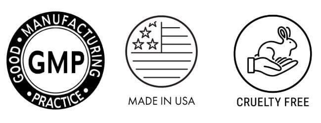 Ella Pure Peptide Serum quality certifications: GMP certified, Made in USA, and Cruelty Free