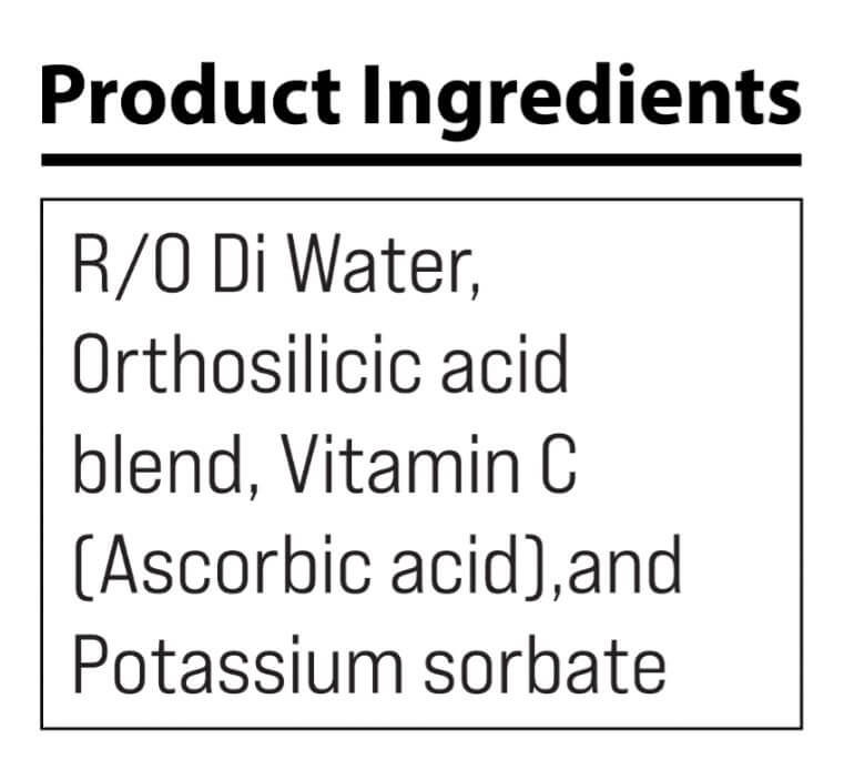 Enviremware product ingredients label showing R/O Di Water, Orthosilicic acid blend, Vitamin C (Ascorbic acid), and Potassium sorbate.