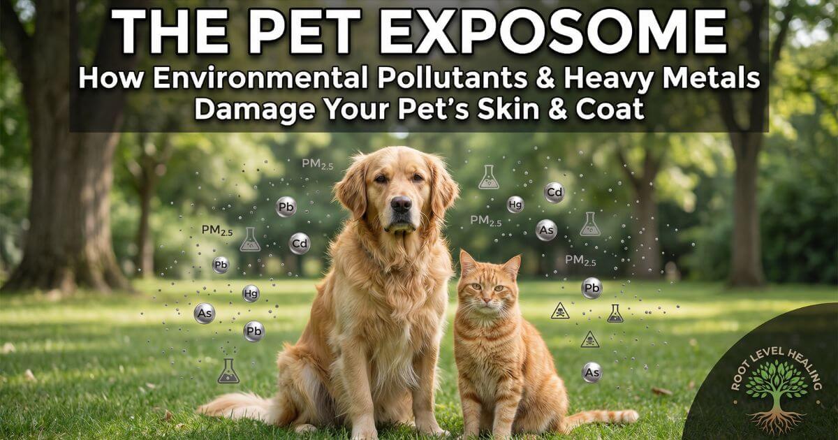 Golden retriever dog and orange tabby cat sitting together in modern home surrounded by visualization of environmental pollutants including PM2.5 particles, heavy metal molecules labeled Pb Cd Hg As, and toxic chemical symbols, showing concerned expressions with slightly dull coat texture indicating environmental stress and toxic exposure.