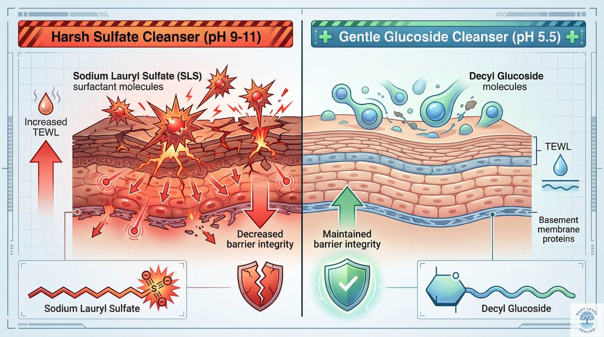 Comparison diagram showing gentle surfactants like decyl glucoside and coco glucoside preserving skin barrier versus harsh sulfate cleansers damaging dermal epidermal junction proteins.