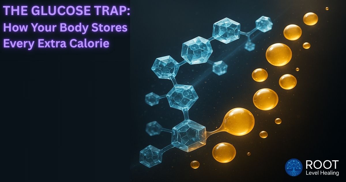 A scientific illustration showing glucose molecules being trapped and converted to fat cells in the body.