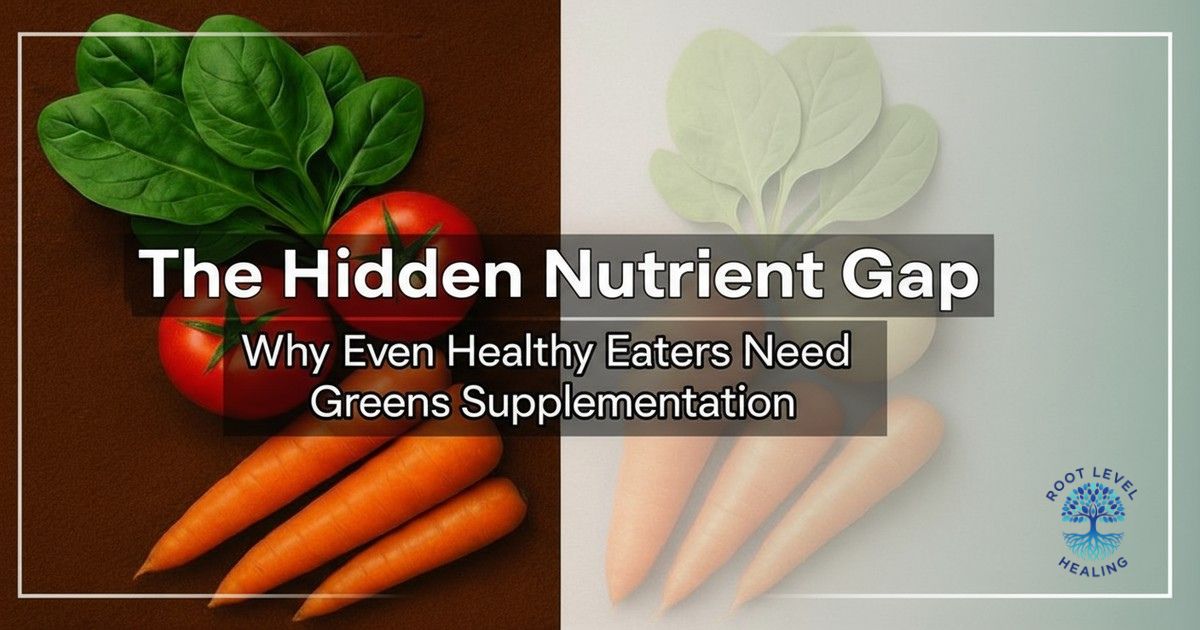 A split image showing nutrient-dense vegetables from the 1950s on one side and modern depleted vegetables on the other, illustrating the decline in nutritional quality over decades