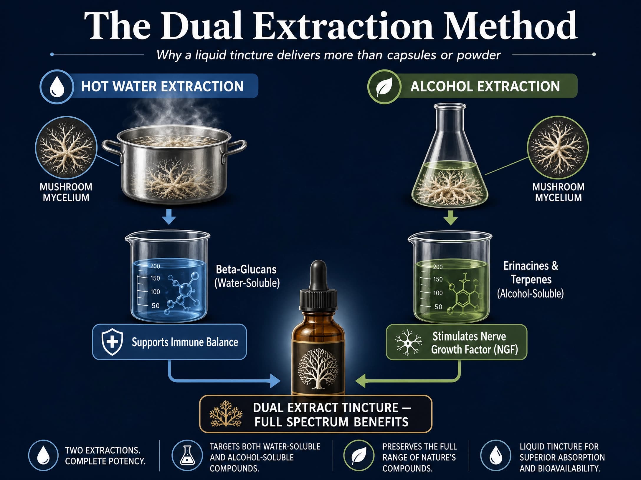 Infographic illustrating the dual extraction process using hot water for beta-glucans and alcohol for erinacines/terpenes