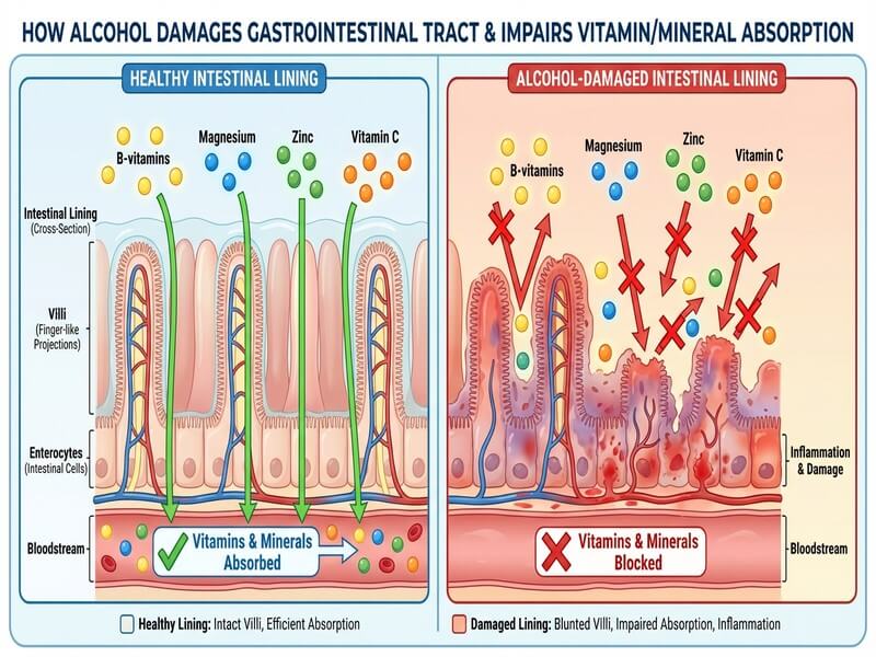 How alcohol damages intestinal lining preventing vitamin and mineral absorption into bloodstream