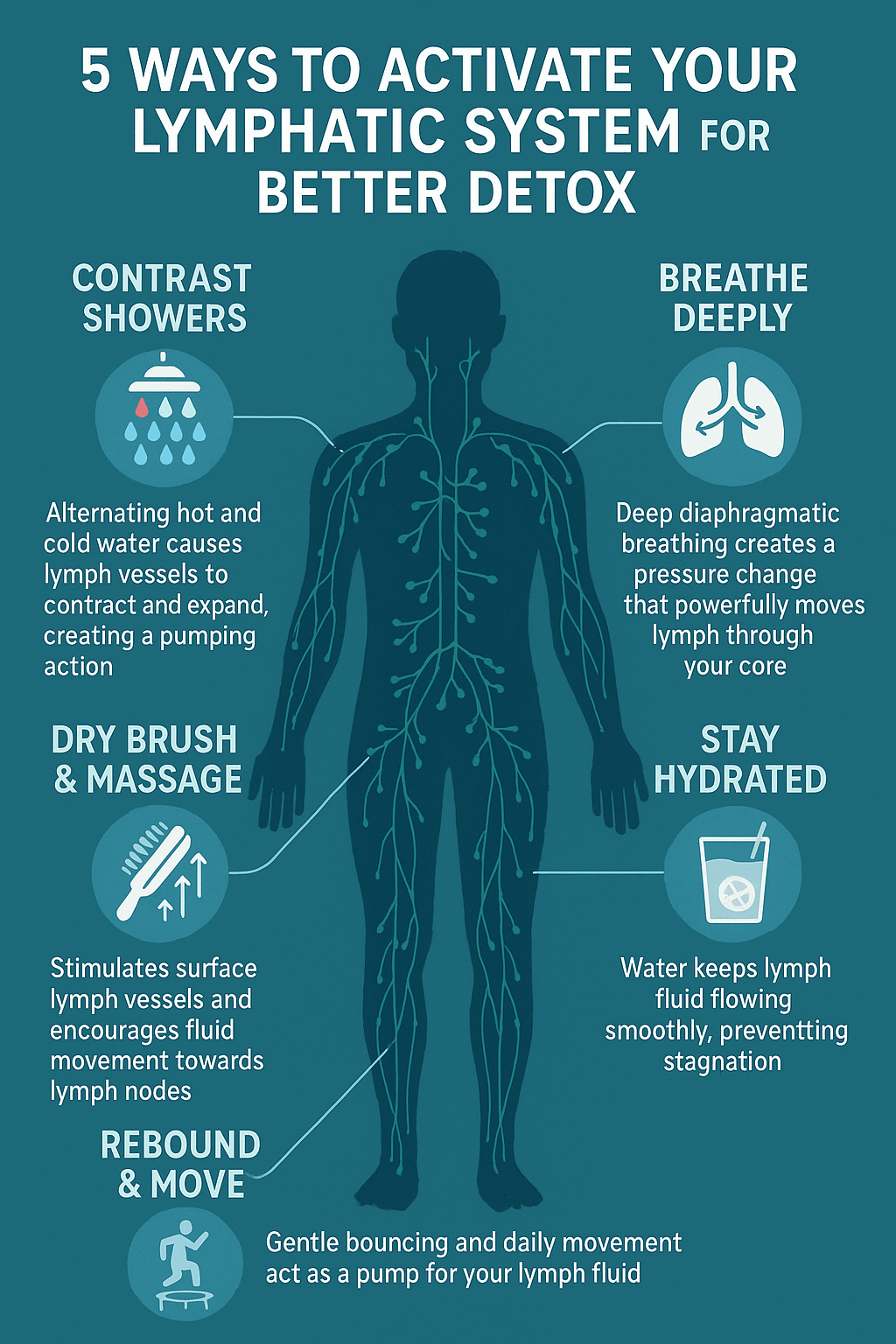 Infographic showing 5 ways to activate the lymphatic system: Rebound & Move, Stay Hydrated, Dry Brush & Massage, Breathe Deeply, and Contrast Showers.
