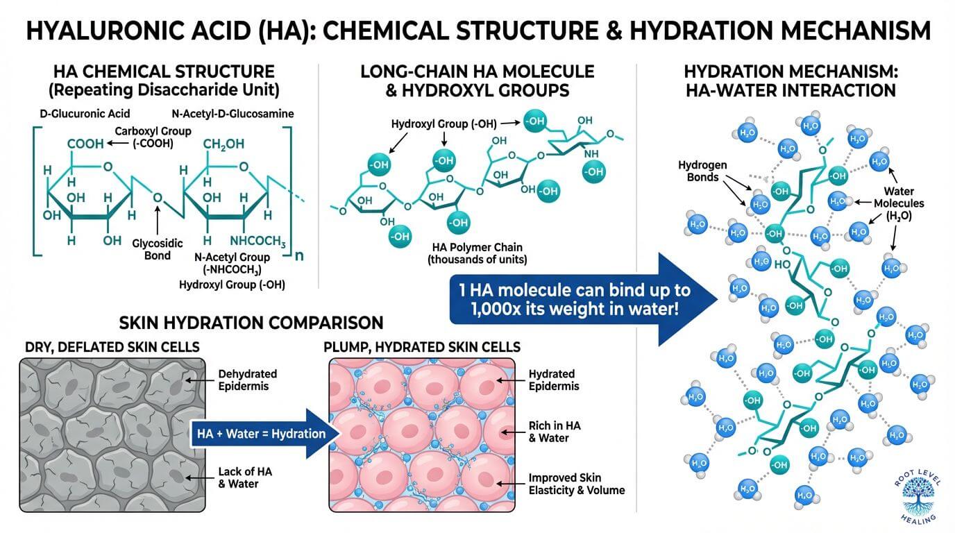 Infographic illustrating the molecular structure of hyaluronic acid and its remarkable ability to bind and hold water molecules, leading to skin hydration.