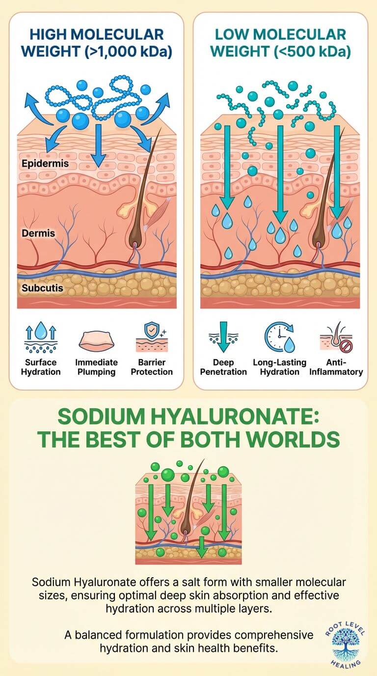Infographic comparing high molecular weight (HMW) and low molecular weight (LMW) hyaluronic acid, showing how HMW HA hydrates the surface while LMW HA penetrates deeper for cellular-level benefits.