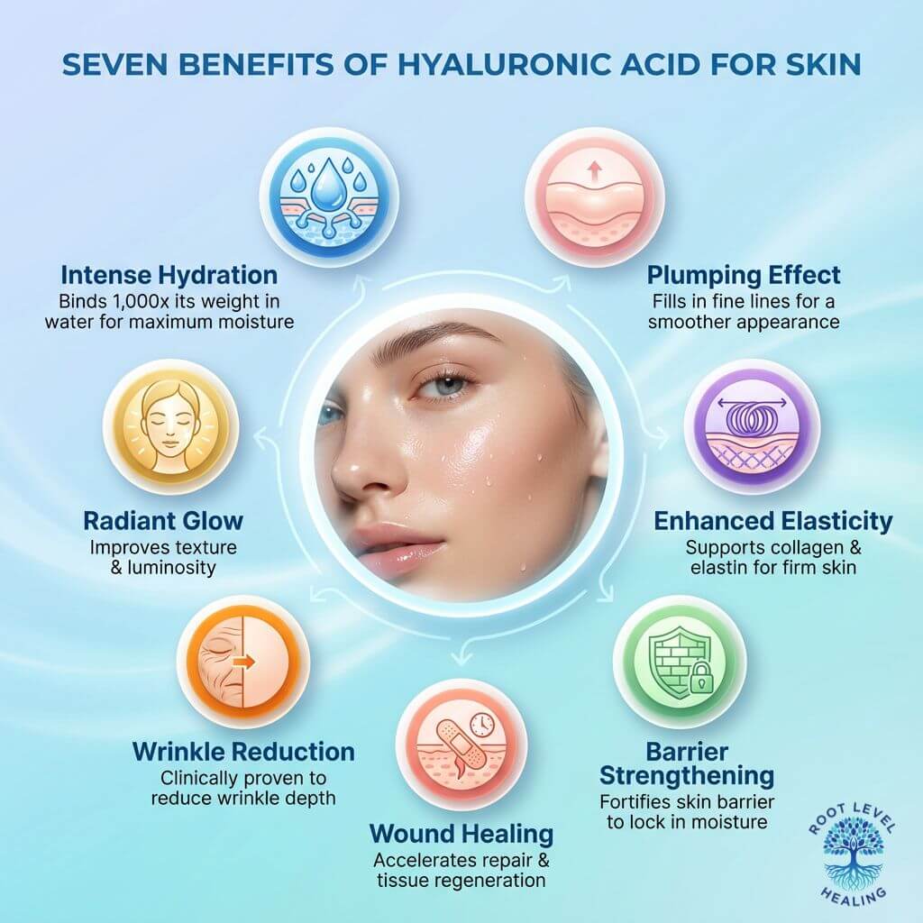 Infographic showing seven key skin benefits of hyaluronic acid: intense hydration, plumping effect, enhanced elasticity, barrier strengthening, wound healing, wrinkle reduction, and radiant glow