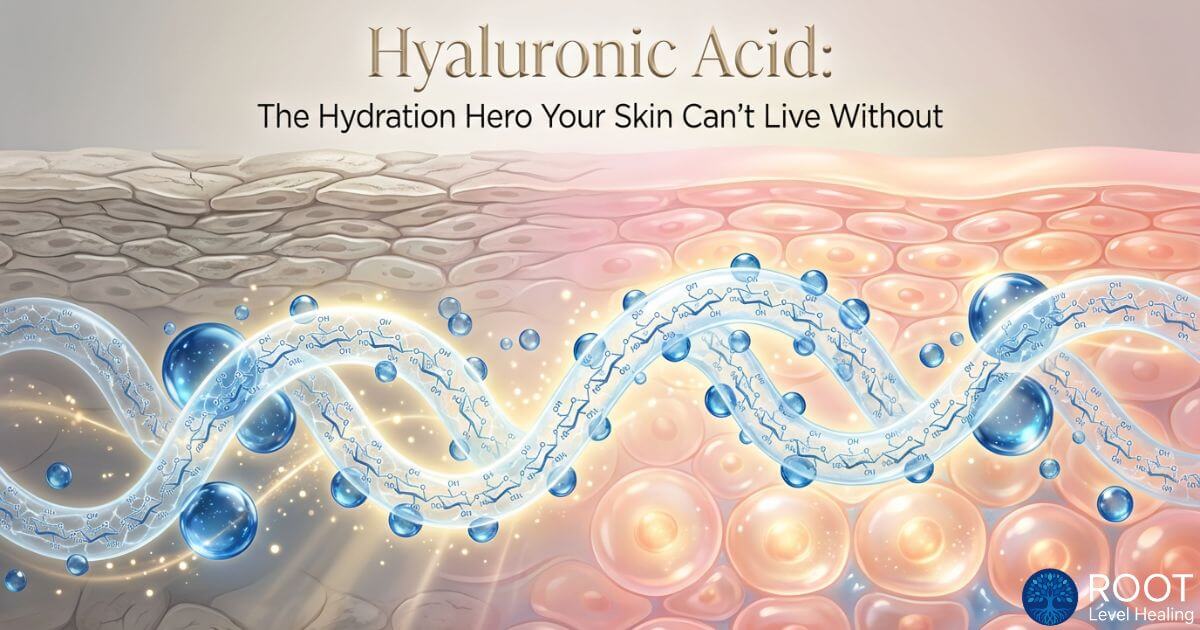 An artistic illustration showing hyaluronic acid molecules attracting and holding water, with a background of hydrated, plump skin cells, representing the science of skin hydration.