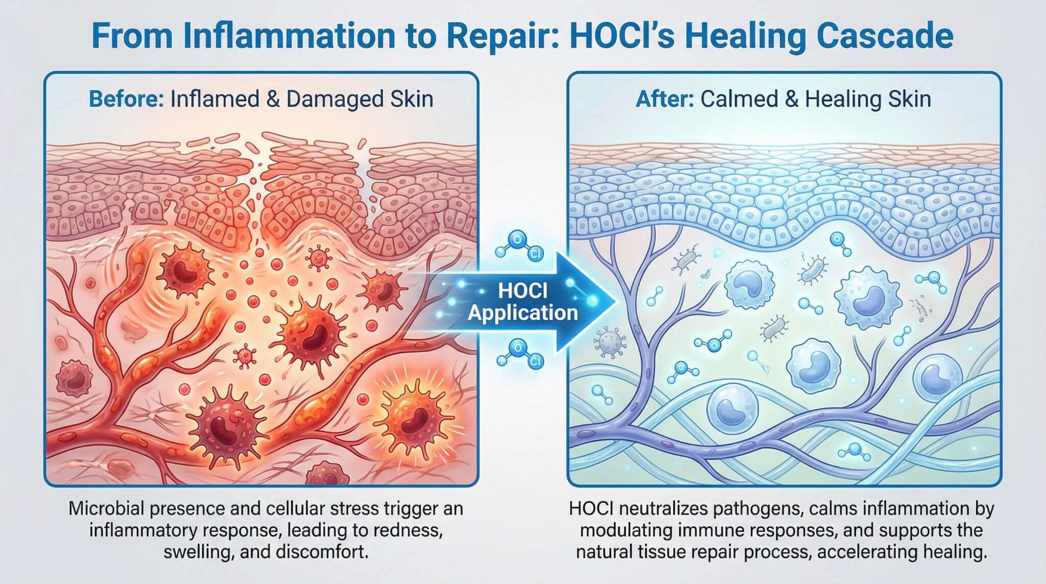 Infographic showing the before and after effects of HOCl application on inflamed skin, illustrating its healing cascade.