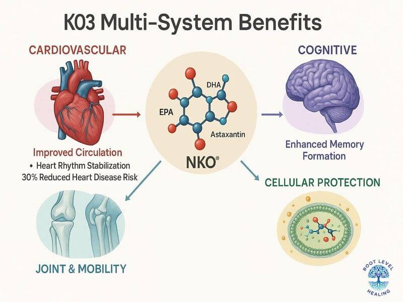 Diagram showing KO3's comprehensive benefits for cardiovascular, cognitive, joint, and cellular health systems.