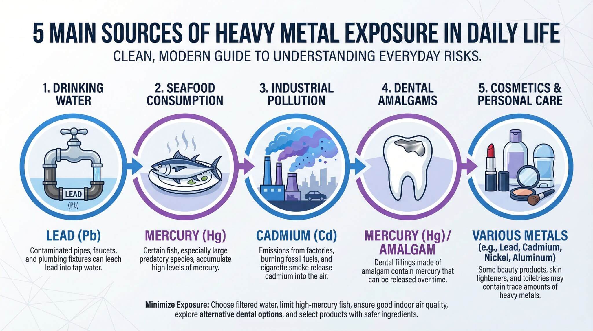 Common sources of heavy metal toxicity including water, food, and environmental exposure