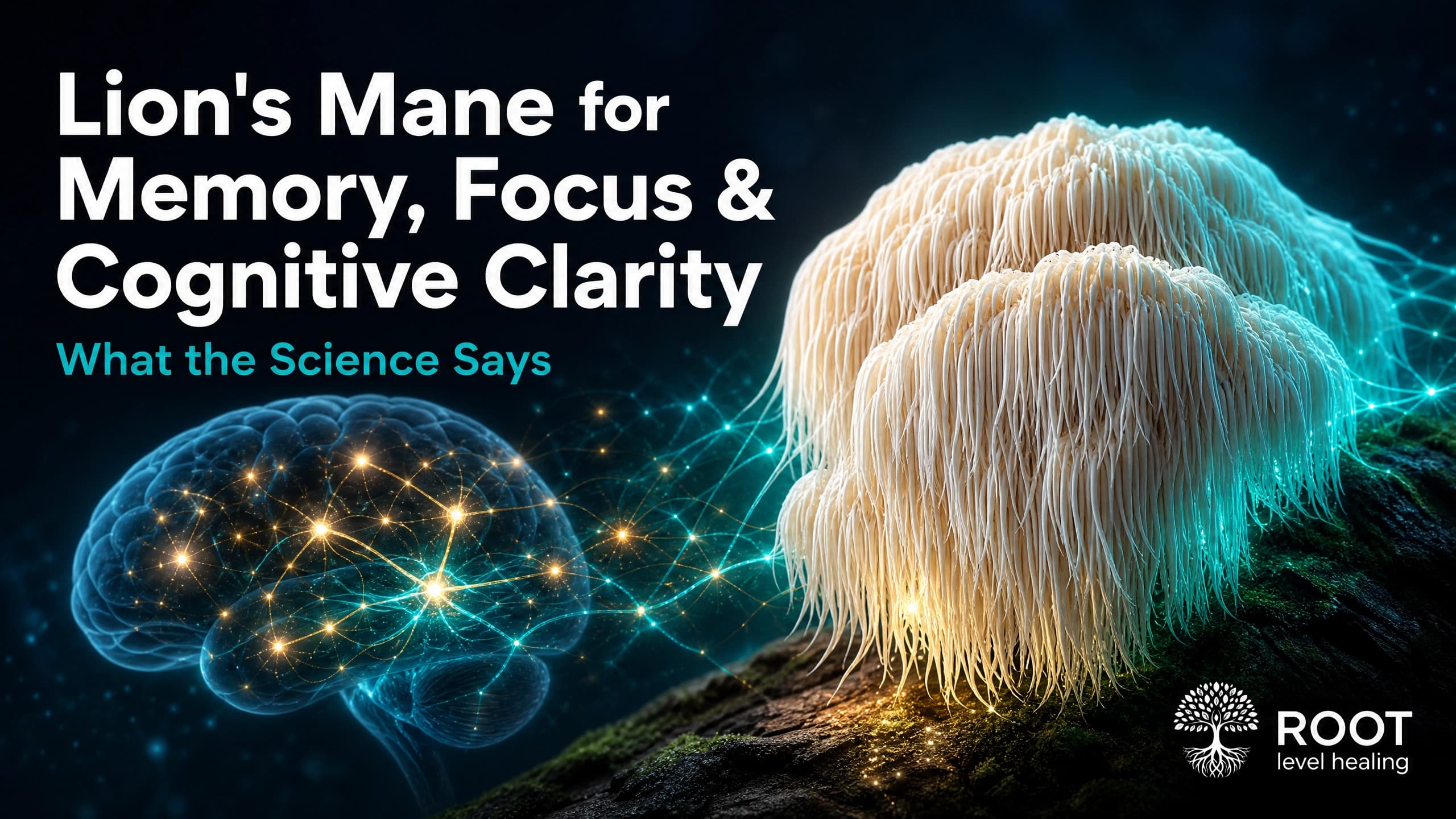 Lion's Mane mushroom surrounded by glowing neural networks representing memory, focus, and cognitive clarity improvements from BDNF and neuroplasticity stimulation.