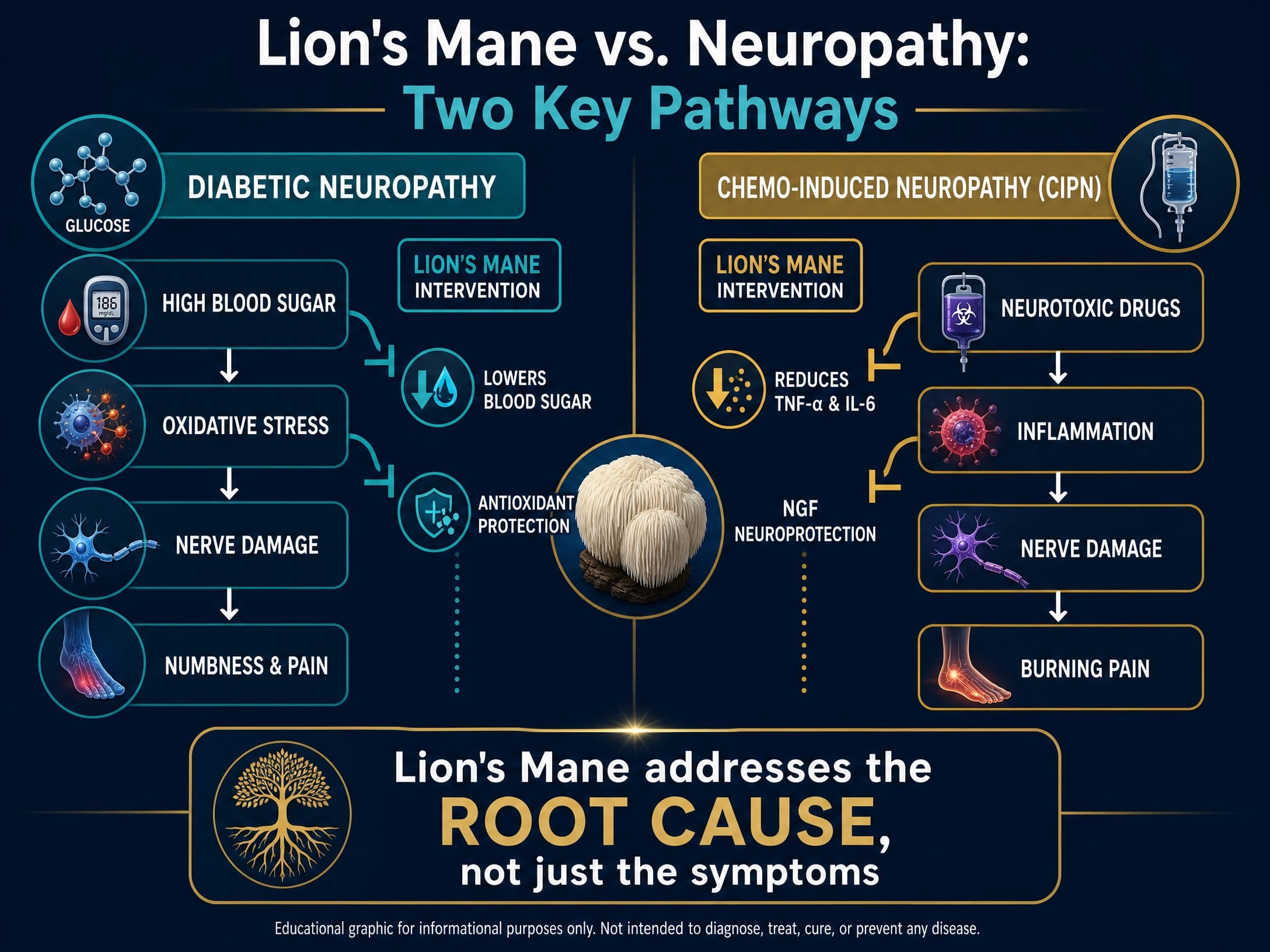 Infographic detailing how Lion's Mane addresses the specific mechanisms of diabetic neuropathy and chemotherapy-induced peripheral neuropathy