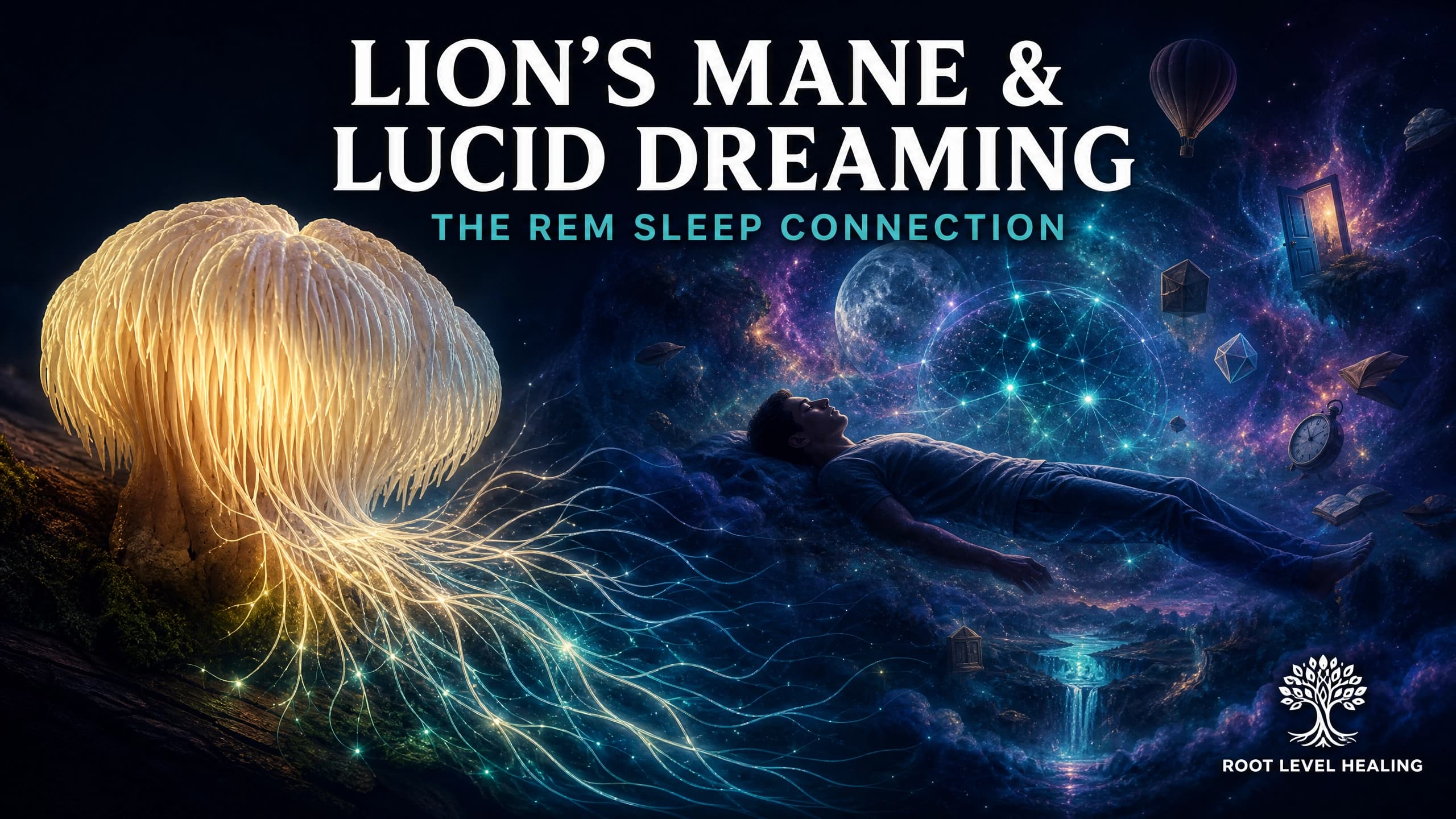 Lion's Mane mushroom transitioning into a dreamscape representing lucid dreaming and REM sleep.