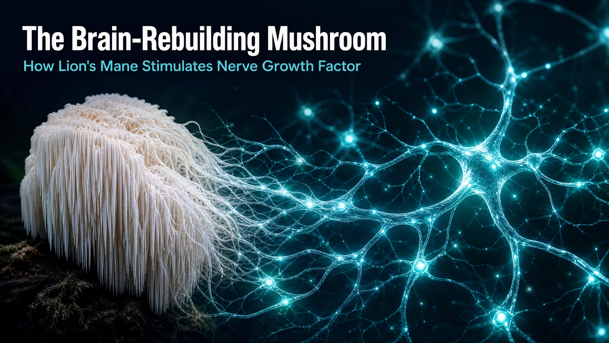 A photorealistic Lion's Mane mushroom transitioning into a glowing neural network, representing neurogenesis and Nerve Growth Factor stimulation.