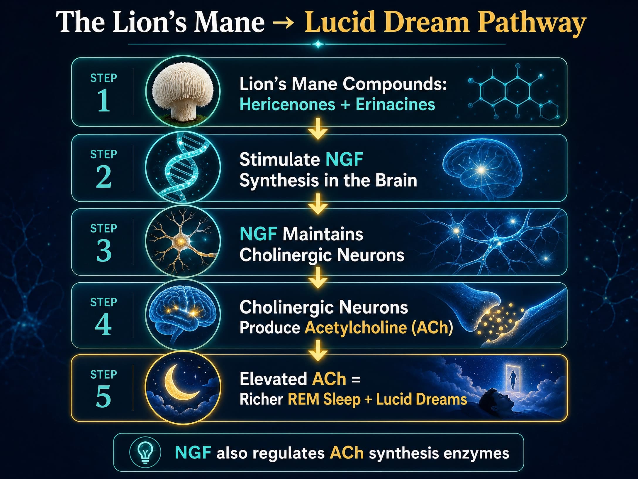 Flowchart showing how Lion's Mane compounds stimulate NGF, supporting cholinergic neurons to increase acetylcholine and enhance REM sleep