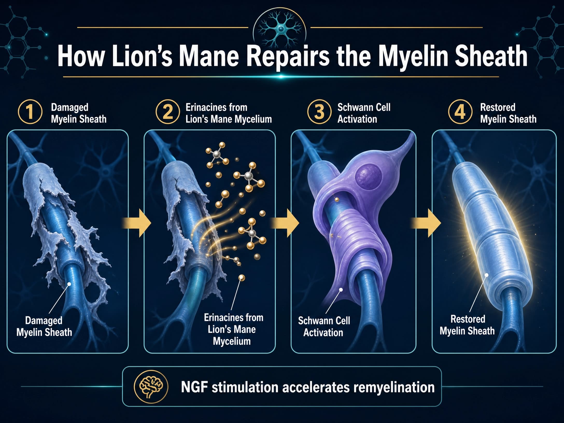 Diagram showing how Lion's Mane stimulates Schwann cells to repair the myelin sheath around peripheral nerves