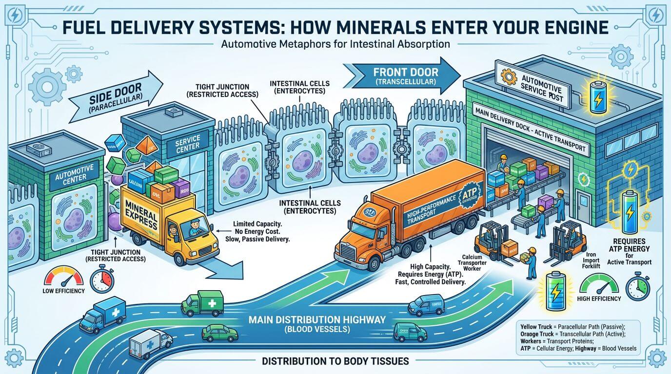 A diagram illustrating the paracellular and transcellular pathways for mineral absorption in the small intestine.