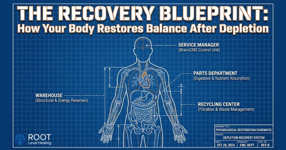 A blueprint of the human body with gears and mechanical parts, symbolizing the body as a high-performance engine with a master mechanic.