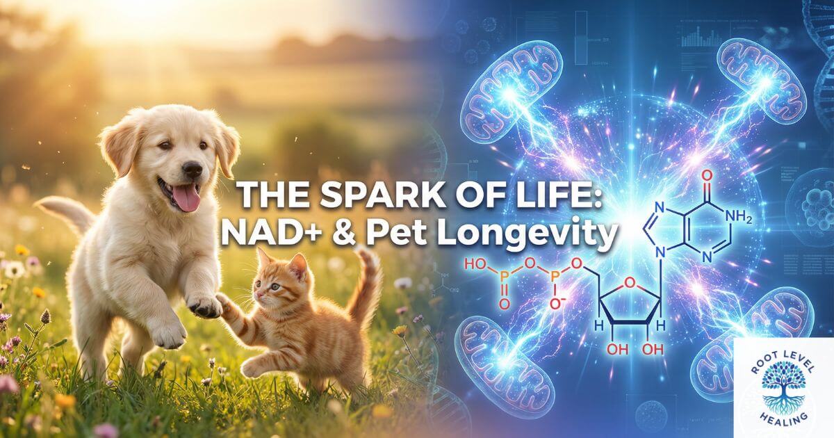 A vibrant image showing a healthy, playful puppy and kitten on one side, and the molecular structure of NAD+ with glowing mitochondria on the other, representing cellular energy and longevity.