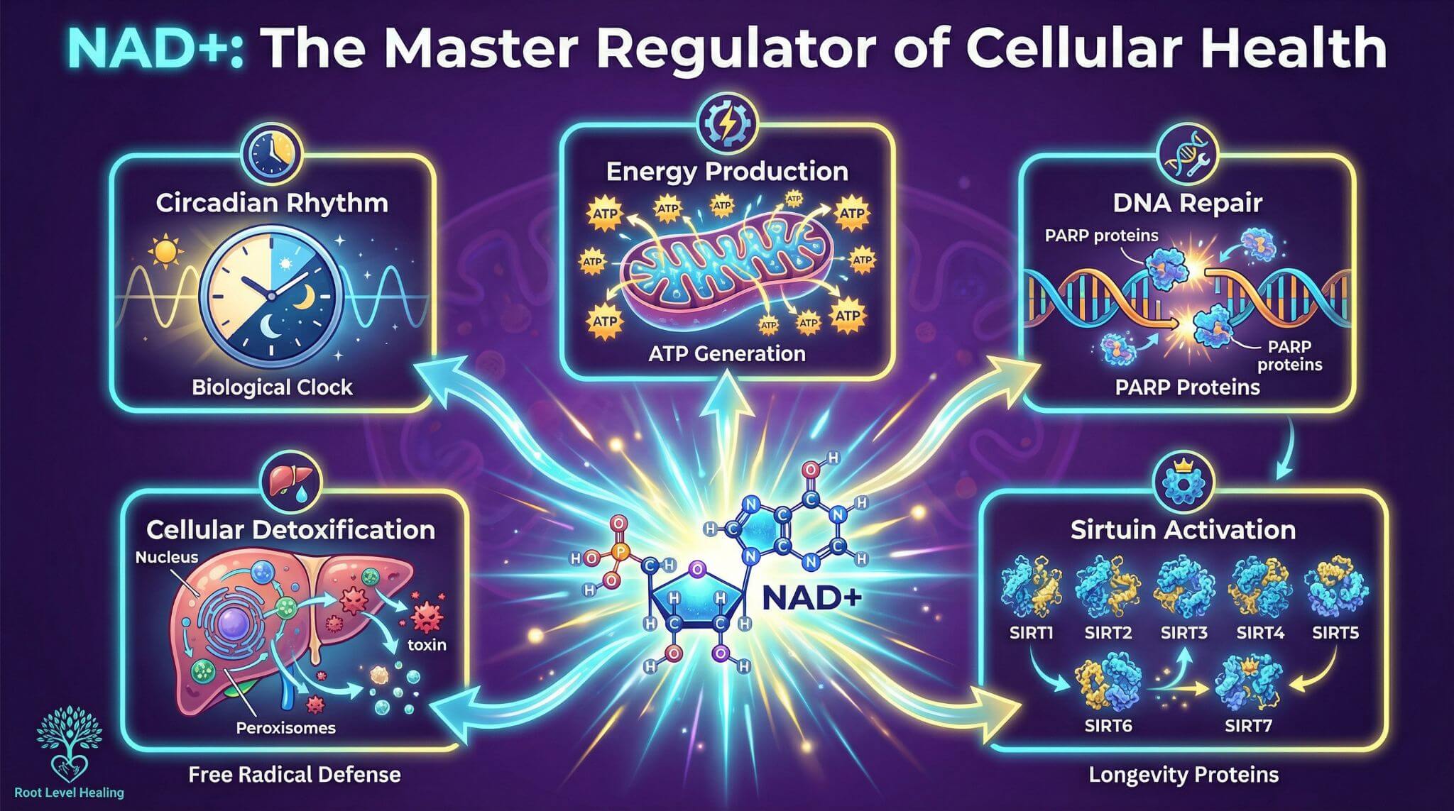 Infographic detailing the many functions of NAD+, including its role in ATP energy production, DNA repair via PARP enzymes, sirtuin activation, cellular detoxification, and regulating circadian rhythm.