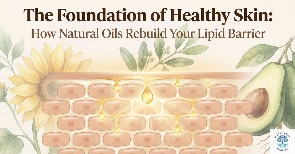 An artistic illustration showing natural oils like sunflower, jojoba, and avocado forming a protective lipid barrier on the skin.