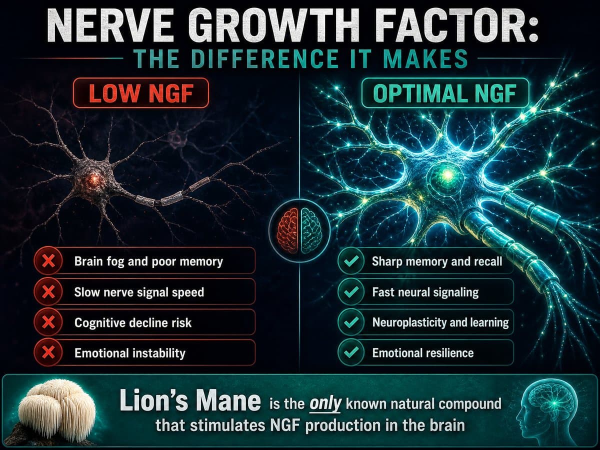 Split screen comparison showing the negative symptoms of low Nerve Growth Factor versus the cognitive benefits of optimal NGF levels.
