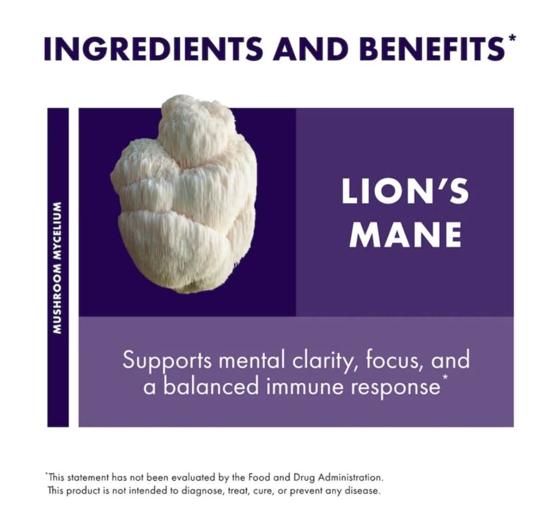 Graphic detailing the benefits of Lion's Mane including mental clarity, focus, and a balanced immune response