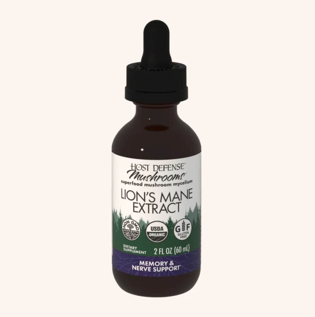 Host Defense Lion's Mane Extract 2oz bottle showing organic certification and memory & nerve support benefits