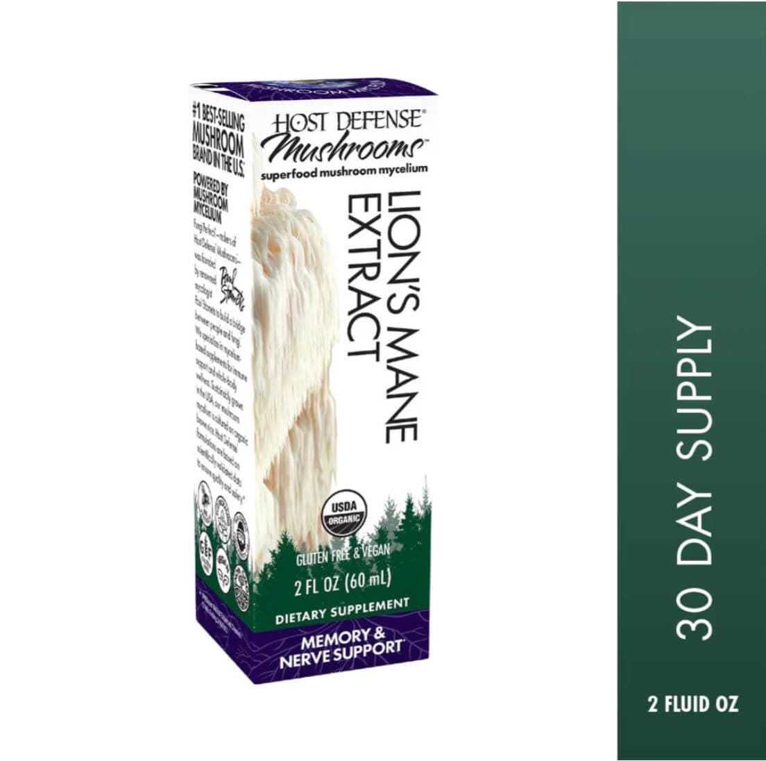 Host Defense Lion's Mane Extract bottle and box packaging