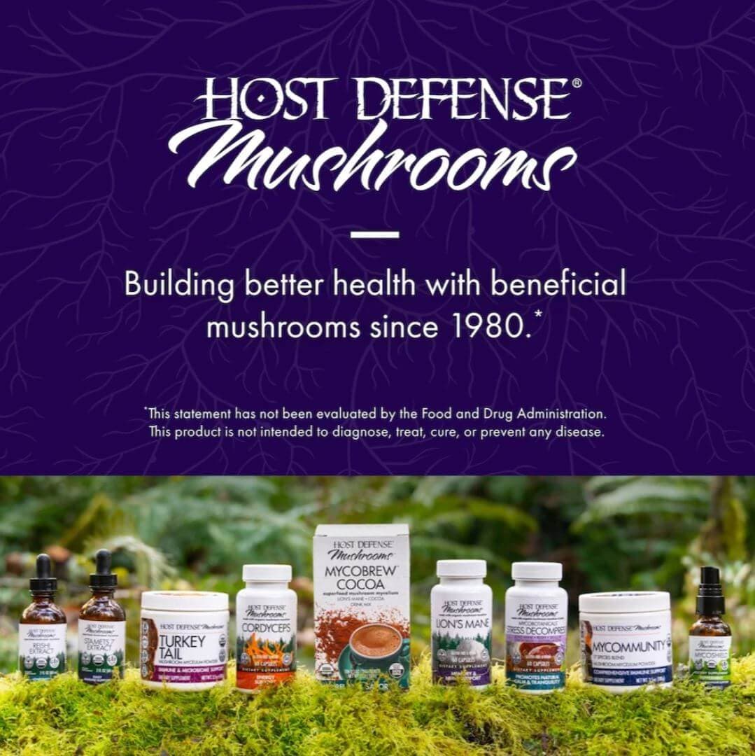 Host Defense Mushrooms heritage graphic showing Paul Stamets and the company's history since 1980