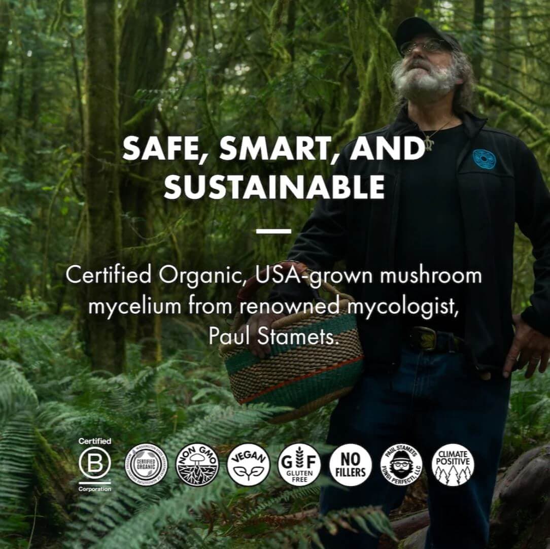 Host Defense product features highlighting smart, safe, and sustainable practices, including organic and non-GMO certifications