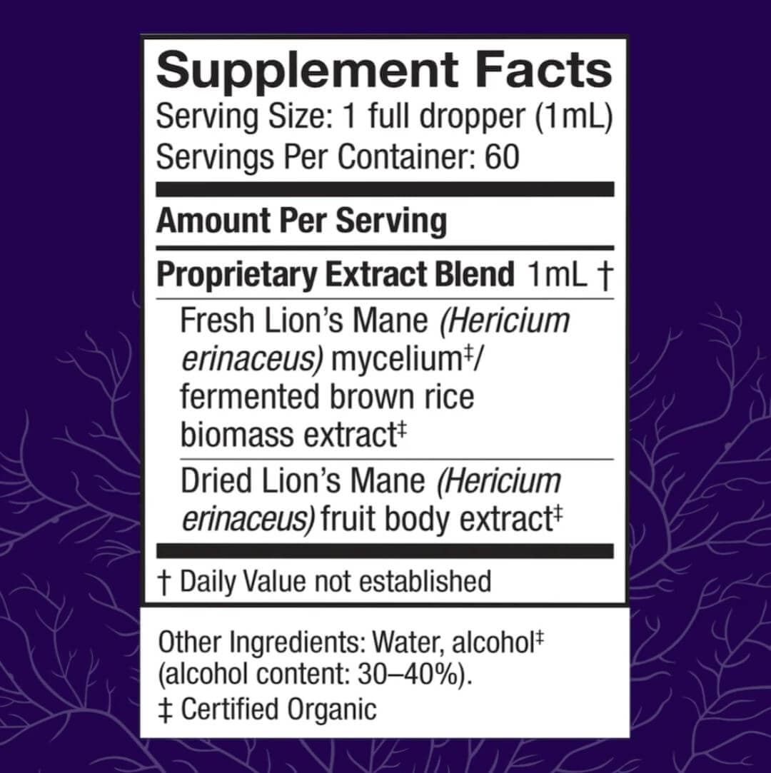 Supplement facts panel for Host Defense Lion's Mane Extract showing serving size and ingredients