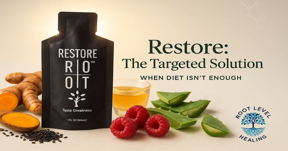 ROOT Brands Restore supplement bottle surrounded by healing botanical ingredients, representing the targeted gut healing solution.