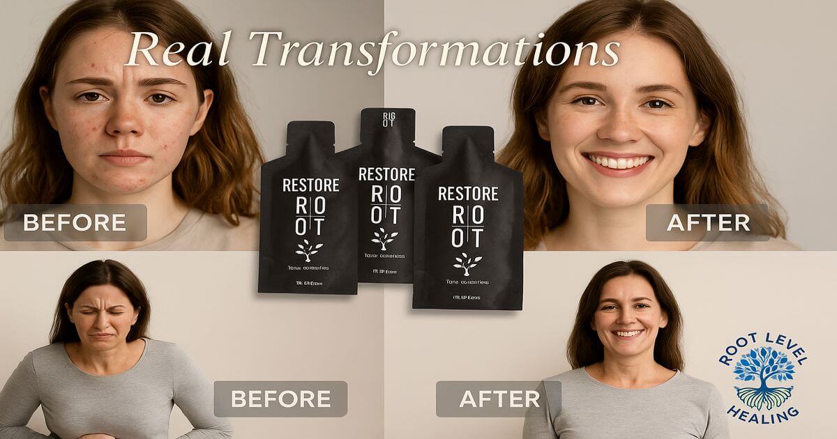 Before and after transformation photos showing real people who experienced dramatic health improvements with ROOT Brands Restore.