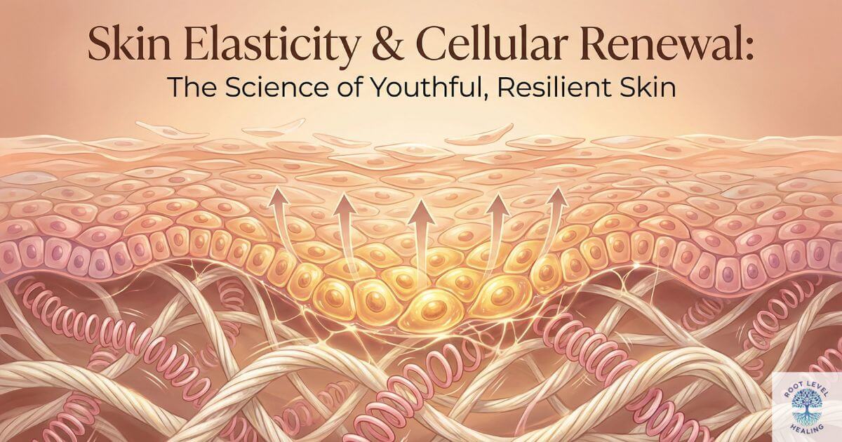An artistic illustration showing the interconnected web of collagen and elastin fibers within the skin, with new cells rising from the dermal-epidermal junction, representing the dual concepts of skin elasticity and cellular renewal.