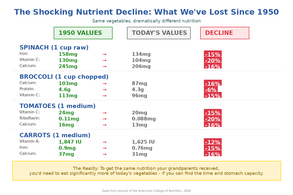 An infographic showing the decline in nutrient content of common vegetables from 1950 to today, with specific percentages for key vitamins and minerals.