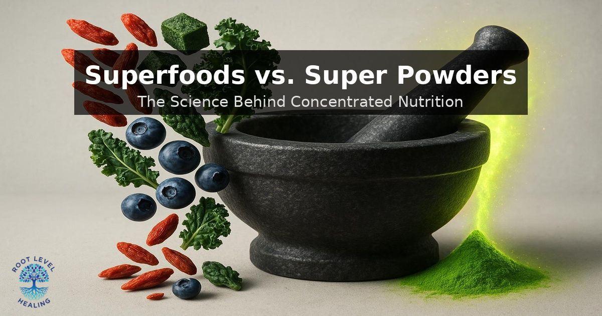 A mortar and pestle grinding vibrant superfoods into a fine, glowing powder, representing concentrated nutrition.