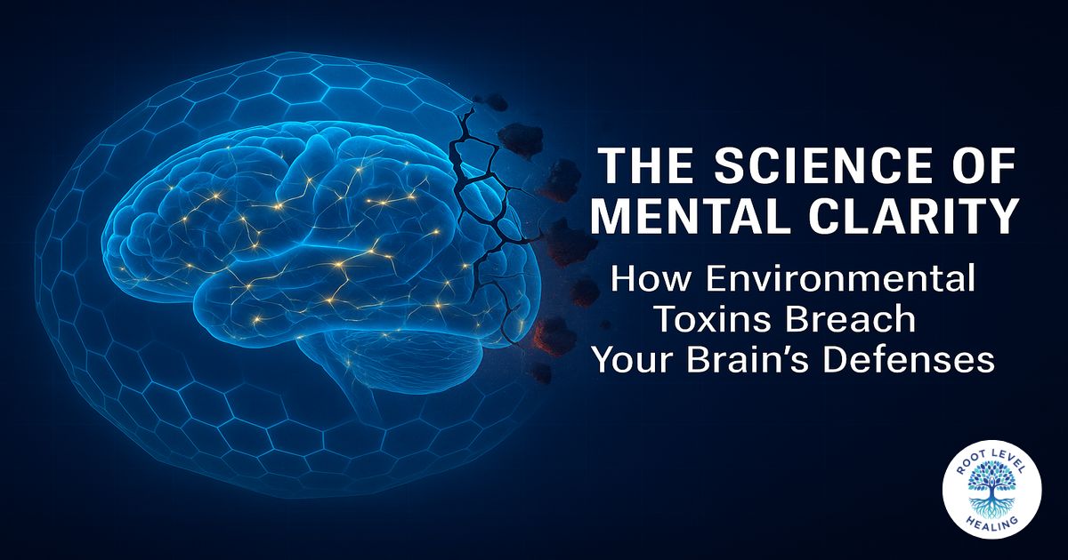 An illustration showing toxins breaching the blood-brain barrier.