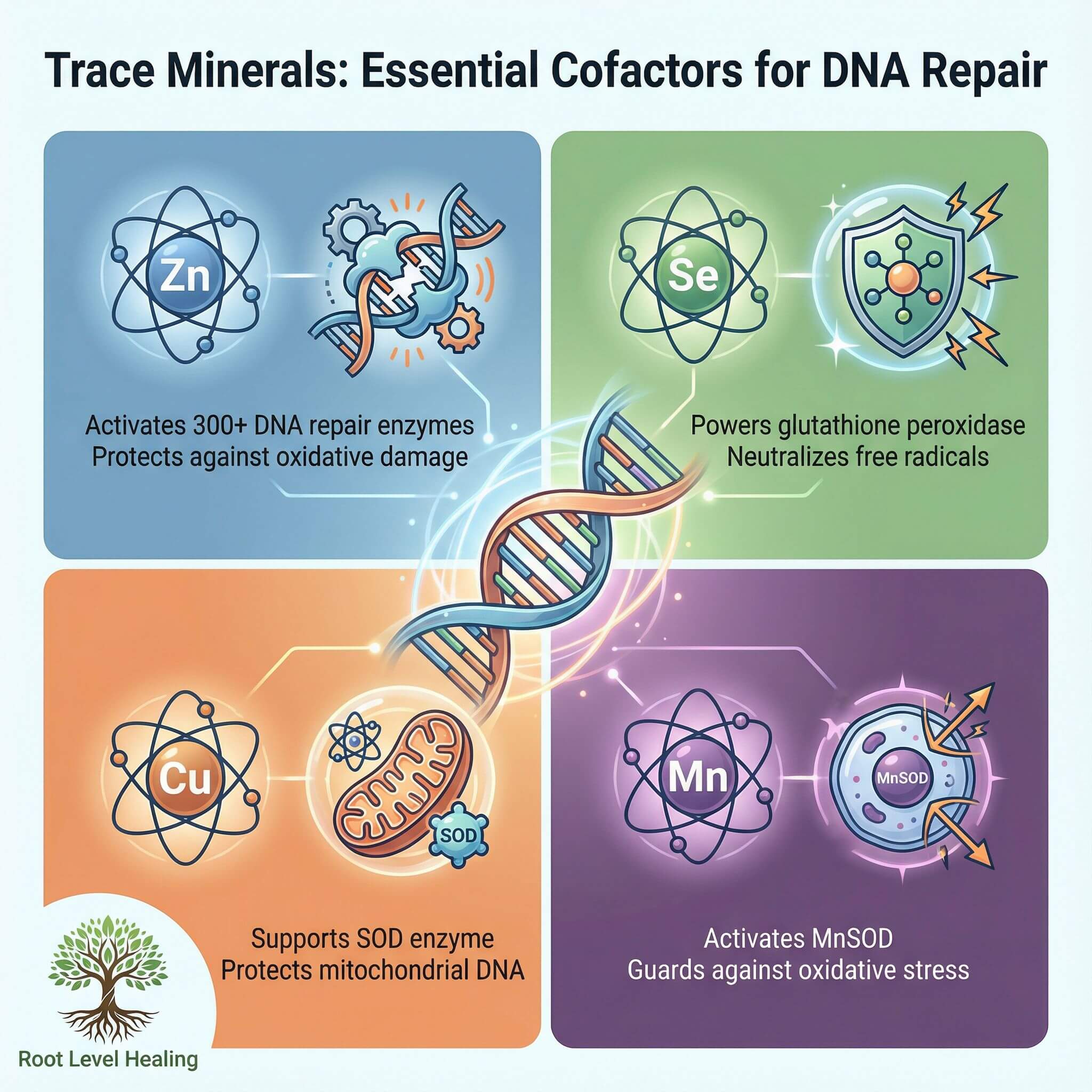 Infographic showing how trace minerals like Zinc, Selenium, Copper, and Manganese act as essential cofactors for DNA repair enzymes in pets.