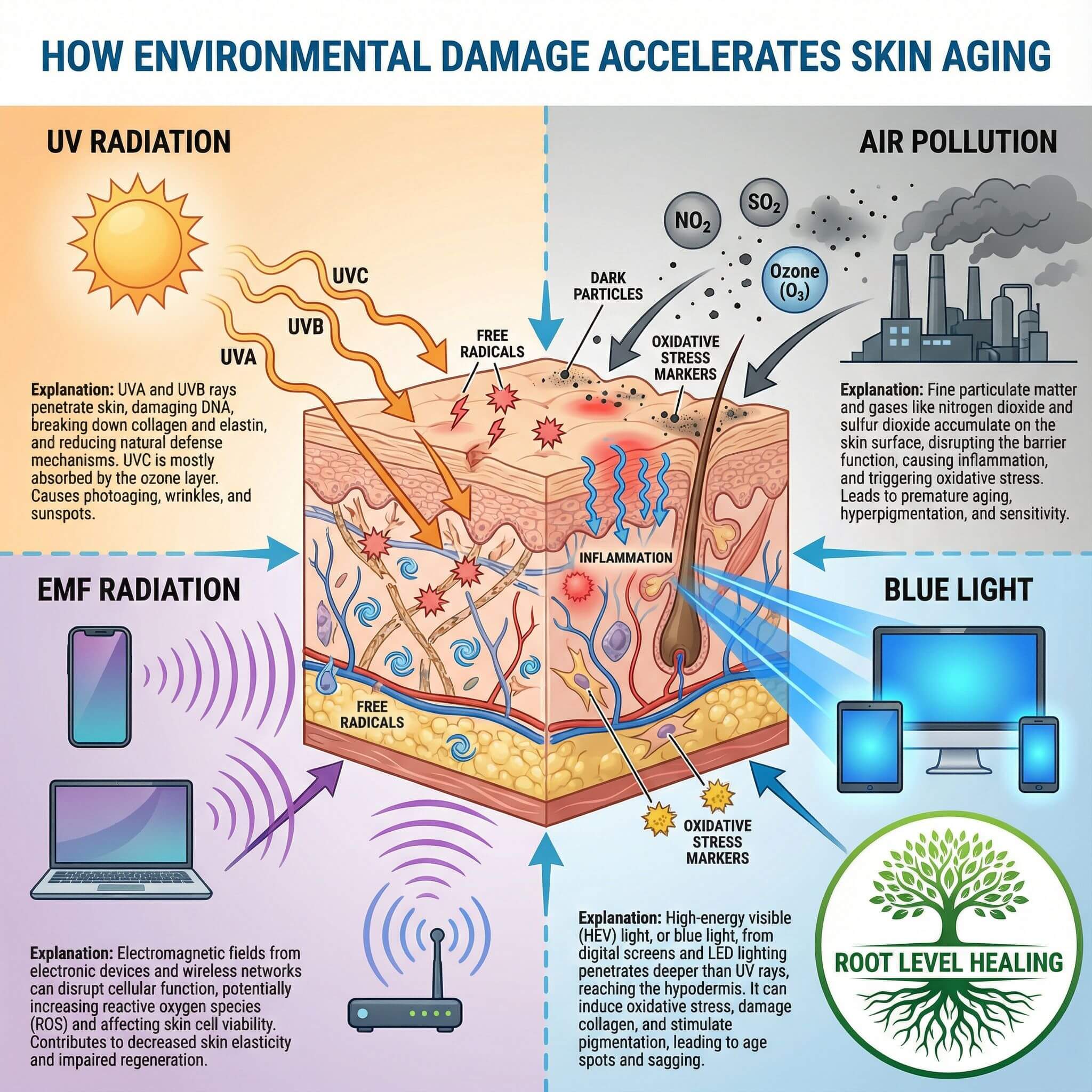 Environmental factors that accelerate skin aging including UV radiation, EMF, blue light, pollution, toxins, and oxidative stress
